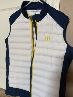 The Open Collection Quilted Vest in White and Navy with Yellow Accent